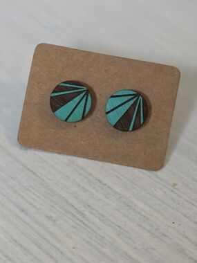 Turquoise and Brown Geometric Wood Stud Earrings